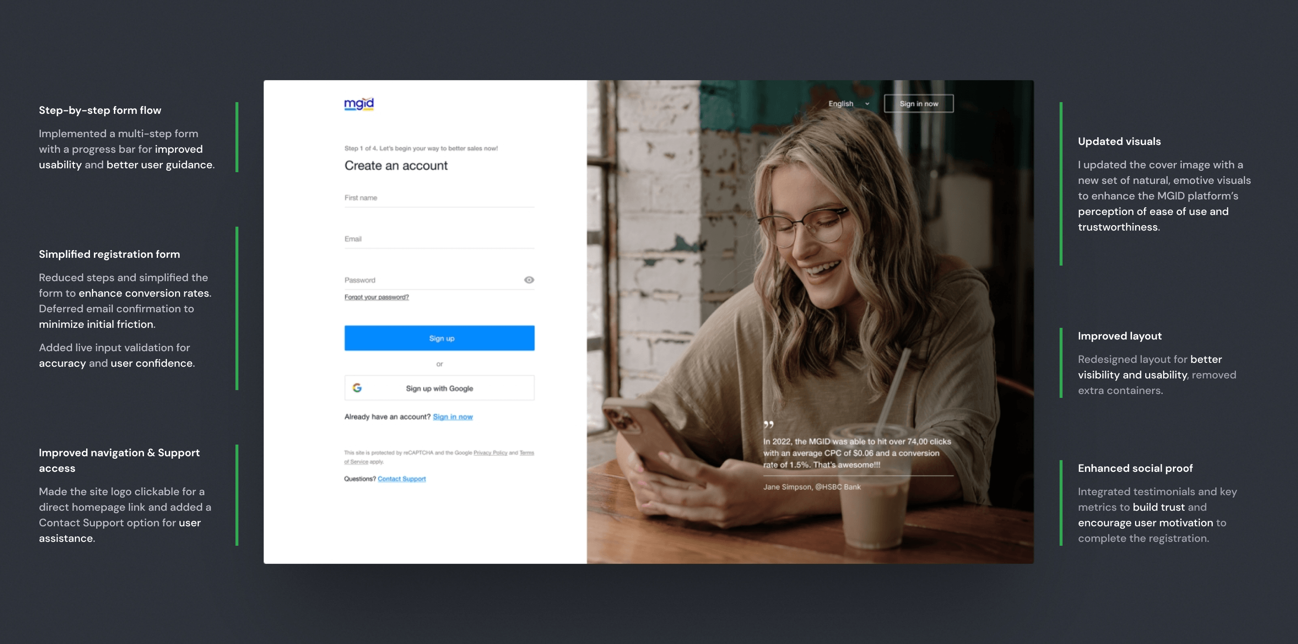 After: redesigned MGID signup with guided steps and clearer navigation