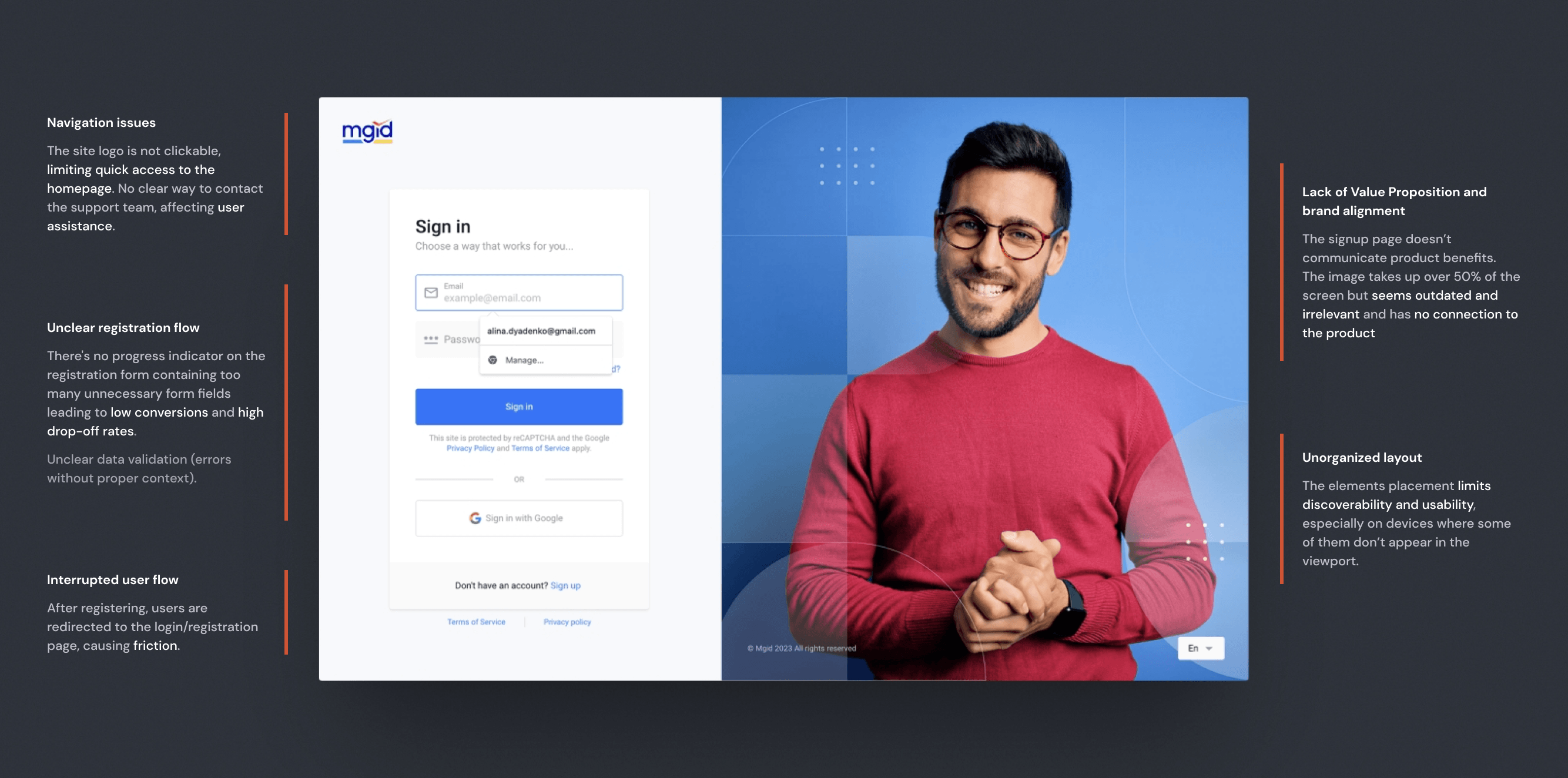 Before: MGID signup and login with annotated usability issues